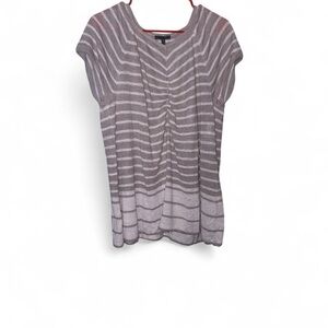 Oska Brown White Textured Linen Striped Euro Scoop Neck Cinched Cap Sleeve Top